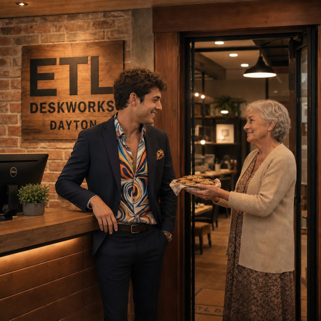Auggie and Carol in the ETL Deskworks Dayton lobby